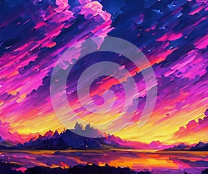 Beautiful Landscape Background Sky Clouds Sunset Oil Painting View Wallpaper Landscape Light Colours Purple Anime style Magic and