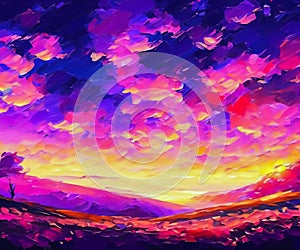 Beautiful Landscape Background Sky Clouds Sunset Oil Painting View Wallpaper Landscape Light Colours Purple Anime style Magic and