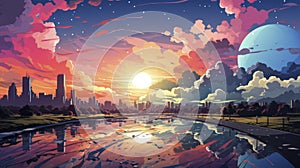 Beautiful Landscape Background Sky Clouds Sunset. View Wallpaper Landscape Light Colours Purple Anime style Magic and Colorful