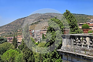 Beautiful landscape with balustrade terrace in old village, Tuscany, Italy