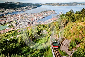 Beautiful landscape of Bergen and its funicular seen from Mount Floibanen