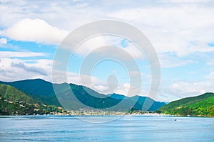 Beautiful landscape of blue ocean and City of Picton among the green nature. I