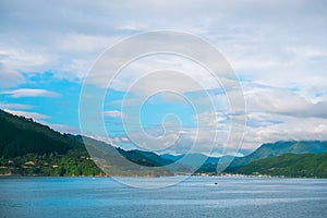 Beautiful landscape of blue ocean and City of Picton among the green nature. I