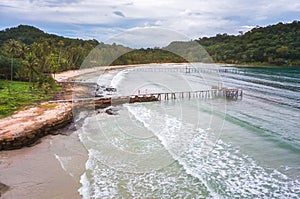 Beautiful landscape of blue sky sea and white waves on beach