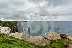 Beautiful landscape the Branaunmore sea stack in the Cliffs of Moher