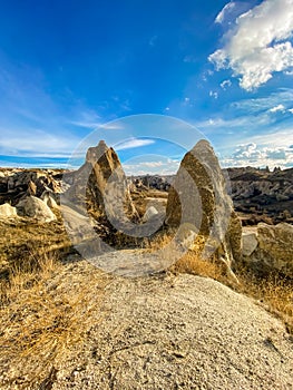 Beautiful landscape Cappadocia stone and old cave town Goreme national park Turkey