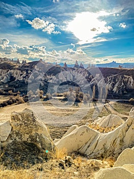 Beautiful landscape Cappadocia stone and old cave town Goreme national park Turkey