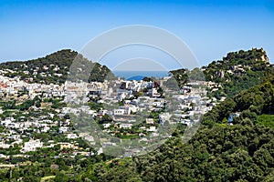 Beautiful landscape of Capri Island and Capri town viewed from Phoenician Steps in Campania, Italy