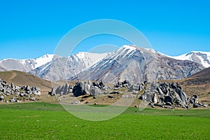 A beautiful landscape of Castle Hill with blue sky, Canterbury, New Zealand