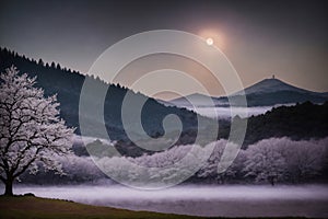 Beautiful landscape with cherry blossoms, night sky with moonlight. Generative AI