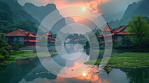 : Beautiful landscape of China rural countryside with rive and traditional houses at sunset