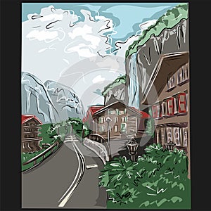 Beautiful landscape. City, houses, mountains, waterfall, road. Austria, a resort. Rest at the hotel. Vector