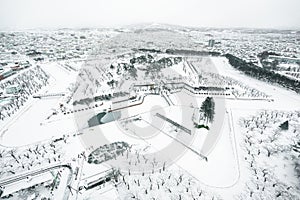 Beautiful landscape and cityscape from Fort Goryokaku tower in Hakodate city Hokkaido