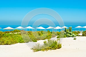 Beautiful landscape of clear turquoise ocean and sandy beach in Saadiyat island photo
