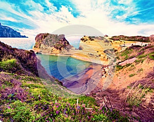 Beautiful landscape with cliffs popular Canal of Love Canal d `Amour on the island of Corfu, Greece. tourist attractions. amazin