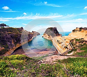 Beautiful landscape with cliffs popular Canal of Love Canal d `Amour on the island of Corfu, Greece. tourist attractions. amazin