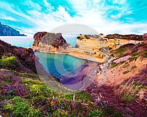 Beautiful landscape with cliffs popular Canal of Love Canal d`Amour on the island of Corfu, Greece. tourist attractions. amazin