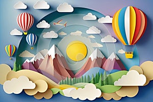 Beautiful landscape with clouds on blue sky, mountains, sun, air balloon and rainbow. Paper cut style