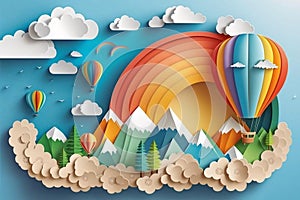 Beautiful landscape with clouds on blue sky, mountains, sun, air balloon and rainbow. Paper cut style