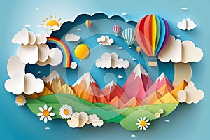 Beautiful landscape with clouds on blue sky, mountains, sun, air balloon and rainbow. Paper cut style