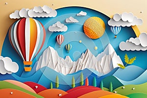 Beautiful landscape with clouds on blue sky, mountains, sun, air balloon and rainbow. Paper cut style