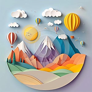 Beautiful landscape with clouds on blue sky, mountains, sun, air balloon and rainbow. Paper cut style