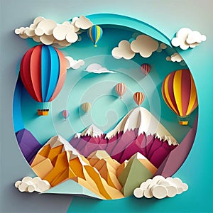 Beautiful landscape with clouds on blue sky, mountains, sun, air balloon and rainbow. Paper cut style