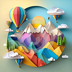 Beautiful landscape with clouds on blue sky, mountains, sun, air balloon and rainbow. Paper cut style