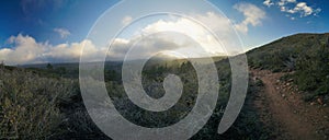 A beautiful landscape with a cloudy sky and a path leading up a hill