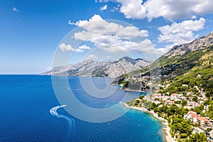 Beautiful landscape of coastline with Brela town and Adriatic sea in Makarska riviera, Dalmatia, Croatia