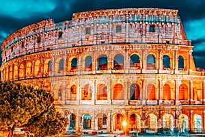 Beautiful landscape of the Colosseum in Rome- one of wonders of the world  in the evening time