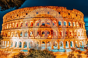 Beautiful landscape of the Colosseum in Rome- one of wonders of the world  in the evening time. Italy