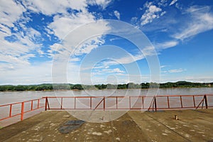 Beautiful landscape for Concrete terrace with steel red fence on riverside at Khong river the Thai-Laos border Chaingkhan distric