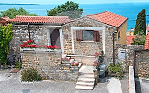 Beautiful landscape with a cozy little house with flowers in Porec, Croatia tourist center