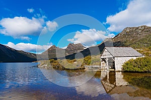 Beautiful landscape Cradle mountain and boat shed on lake Dove