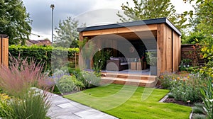 Beautiful landscape design for backyard garden and patio area on concrete floor.