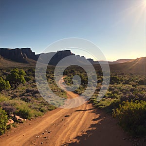 A beautiful landscape of a dirt path in the Cederberg mountains in South Africa made with Generative AI