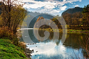 The beautiful landscape of the Dunajec River at autumn. Szczawnica, Poland