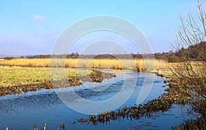 Beautiful landscape. Early spring, a flowing river, dry yellow grass, against the background of a rich blue sky.
