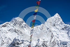 Beautiful Landscape of Everest and Lhotse peak with colorful Nepali flag from Kala Pattar view point. Gorak Shep.