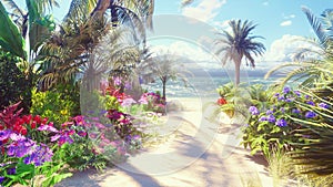 A beautiful landscape with a fabulous beach with beautiful flowers and trees growing on it, blue sky and white sand