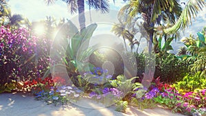 A beautiful landscape with a fabulous beach with beautiful flowers and trees growing on it, blue sky and white sand