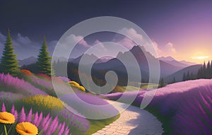 Beautiful landscape featuring meadow, trees, flowers, pathway, mountains and peaceful sky during sunset or sunrise. AI Generated