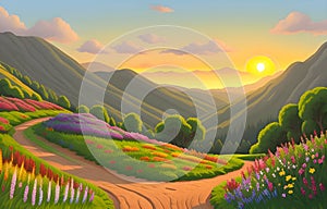 Beautiful landscape featuring meadow, trees, flowers, pathway, mountains and peaceful sky during sunset or sunrise. AI Generated