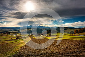 Beautiful landscape of a field in Podhale with a view of the Tatra Mountains. Poland