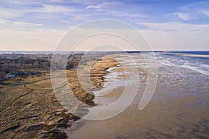Beautiful landscape of forest dry land near the beach with copy space. Aerial view of the coastline on a summer day with