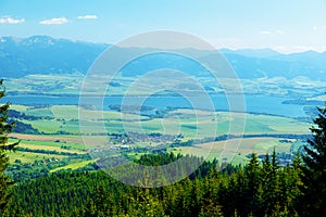 Beautiful landscape, forest and meadow and lake with mountain in background. Slovakia, Central Europe.