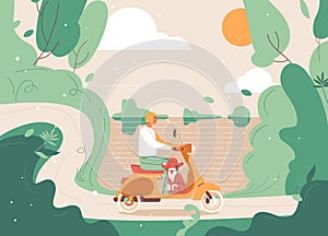 Beautiful landscape and friends travelling on motor scooter bike. Young man in helmet and his dog. Smiling characters ready for