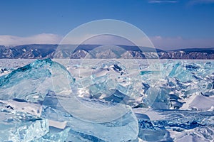 Beautiful landscape on the frozen Lake Baikal with hummocks