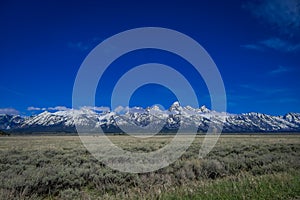 Beautiful landscape of the Grand Tetons range and peaks located inside the Grand Teton National Park, Wyoming, United